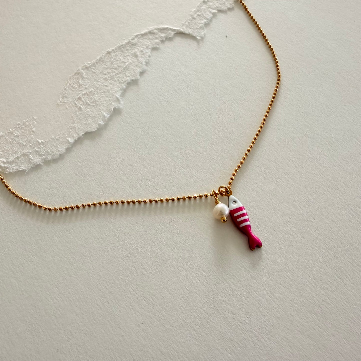 Tiny Pink Fish & Pearl Necklace
