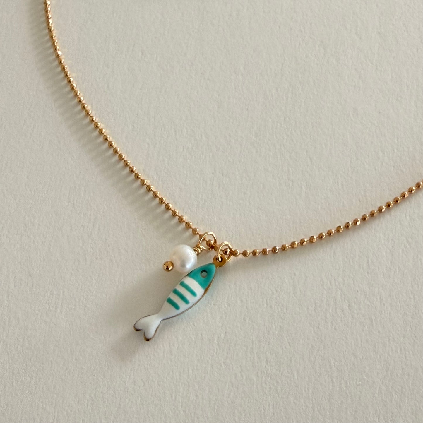 Tiny Aqua Fish & Pearl Necklace