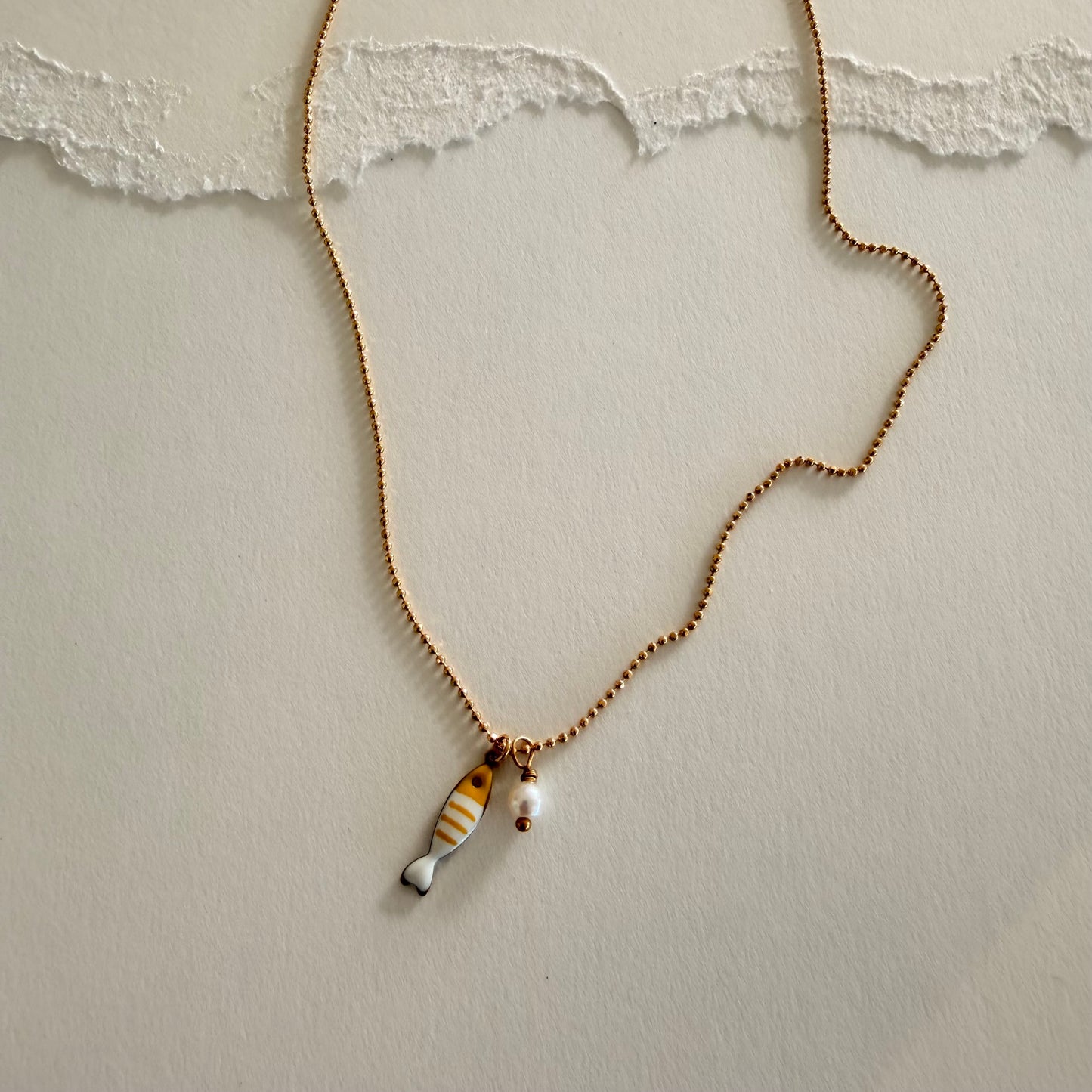 Tiny Yellow Fish & Pearl Necklace