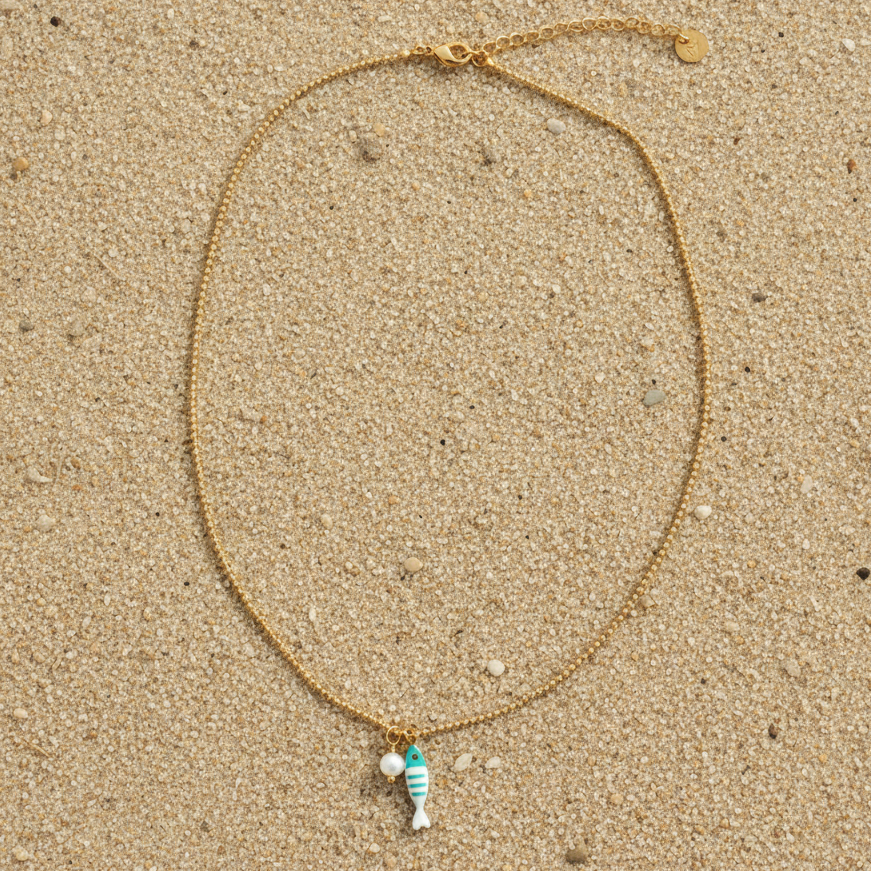 Tiny Aqua Fish & Pearl Necklace