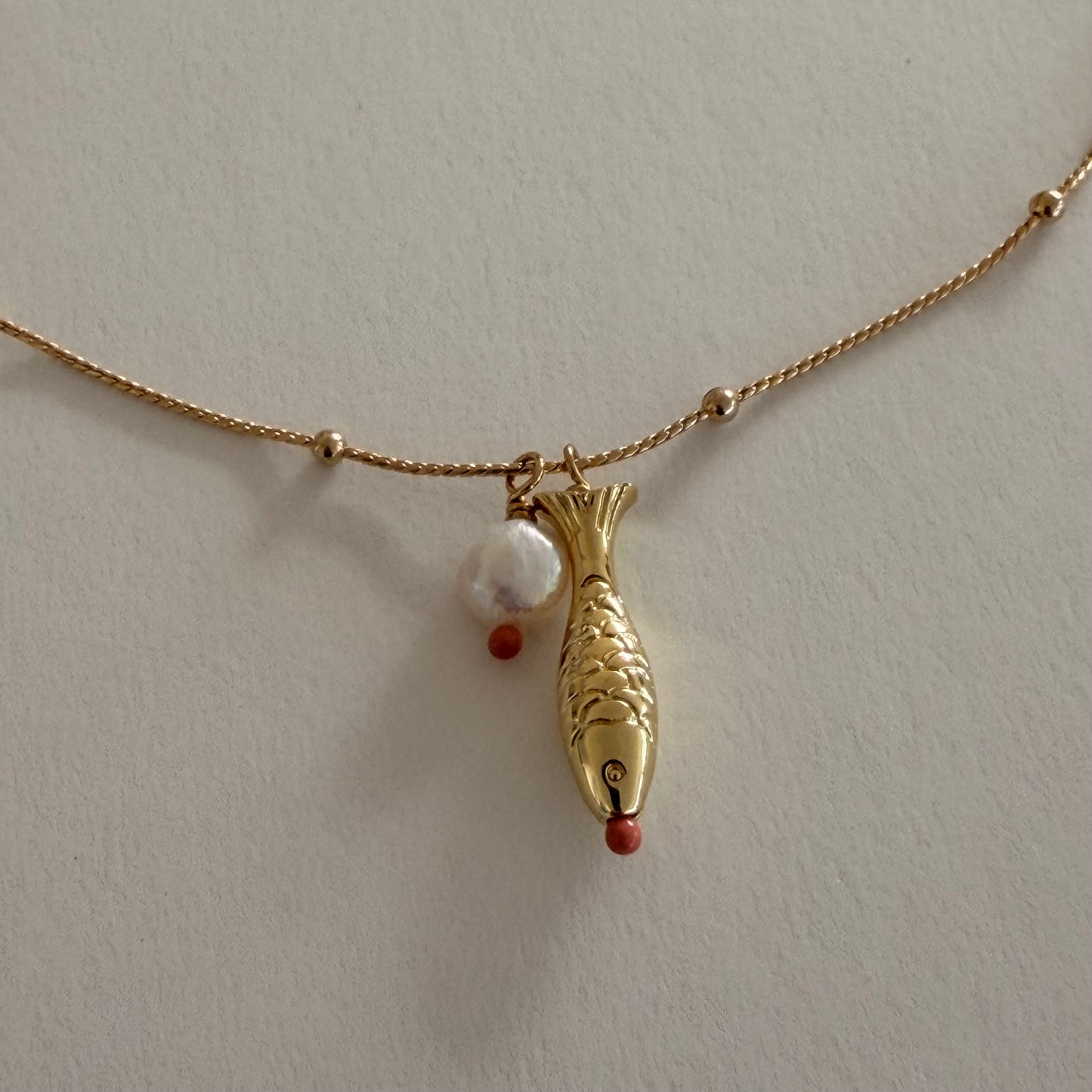 Pearl and Orange dot Fish Necklace