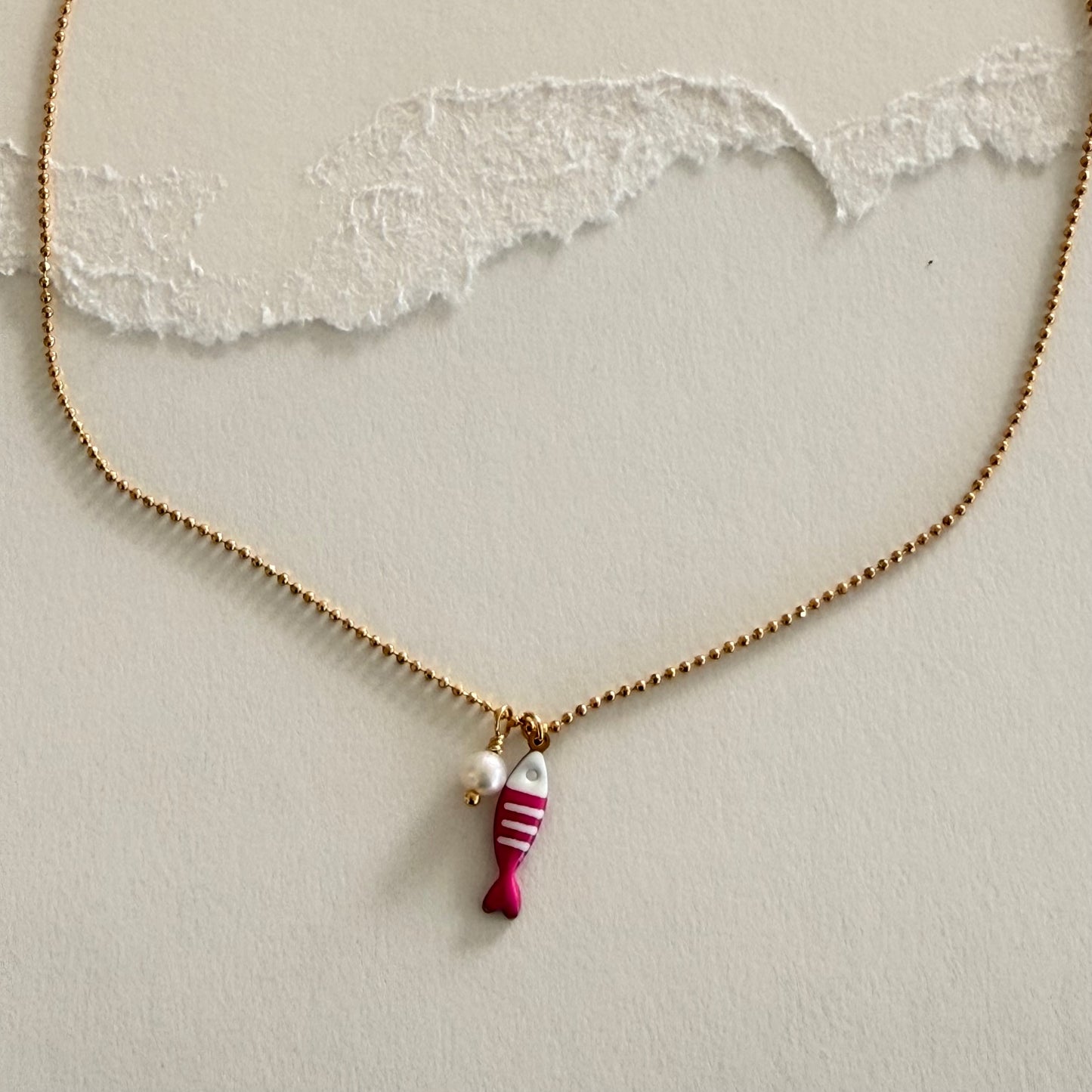 Tiny Pink Fish & Pearl Necklace