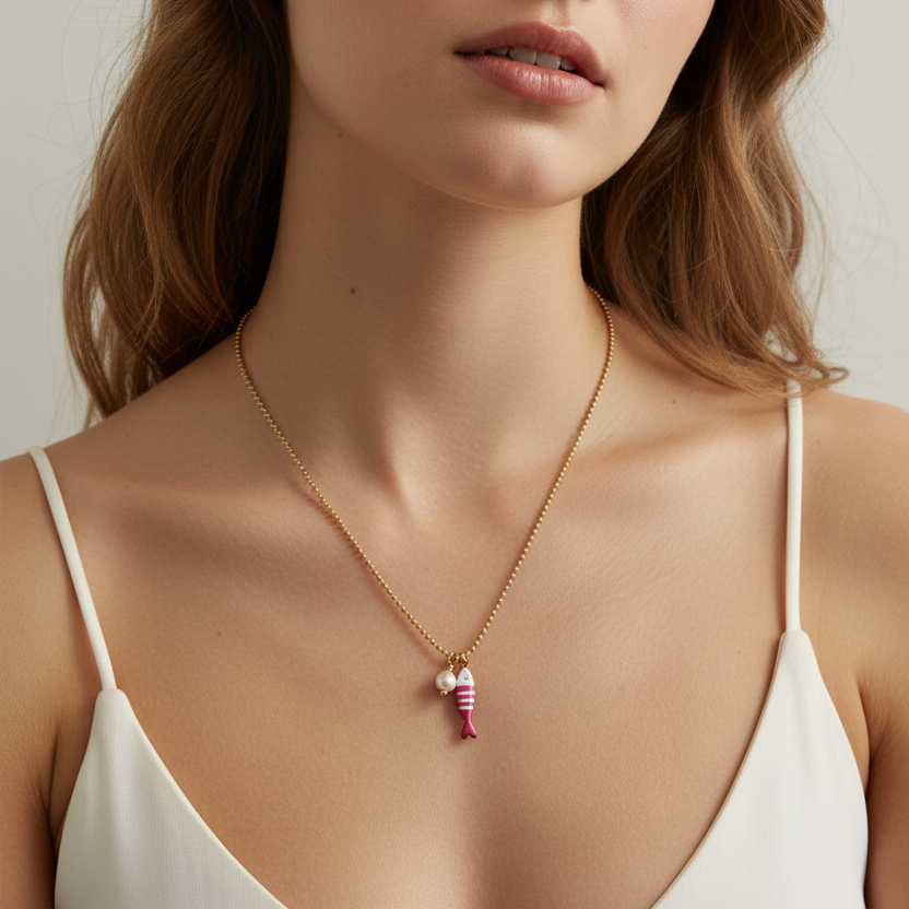 Tiny Pink Fish & Pearl Necklace