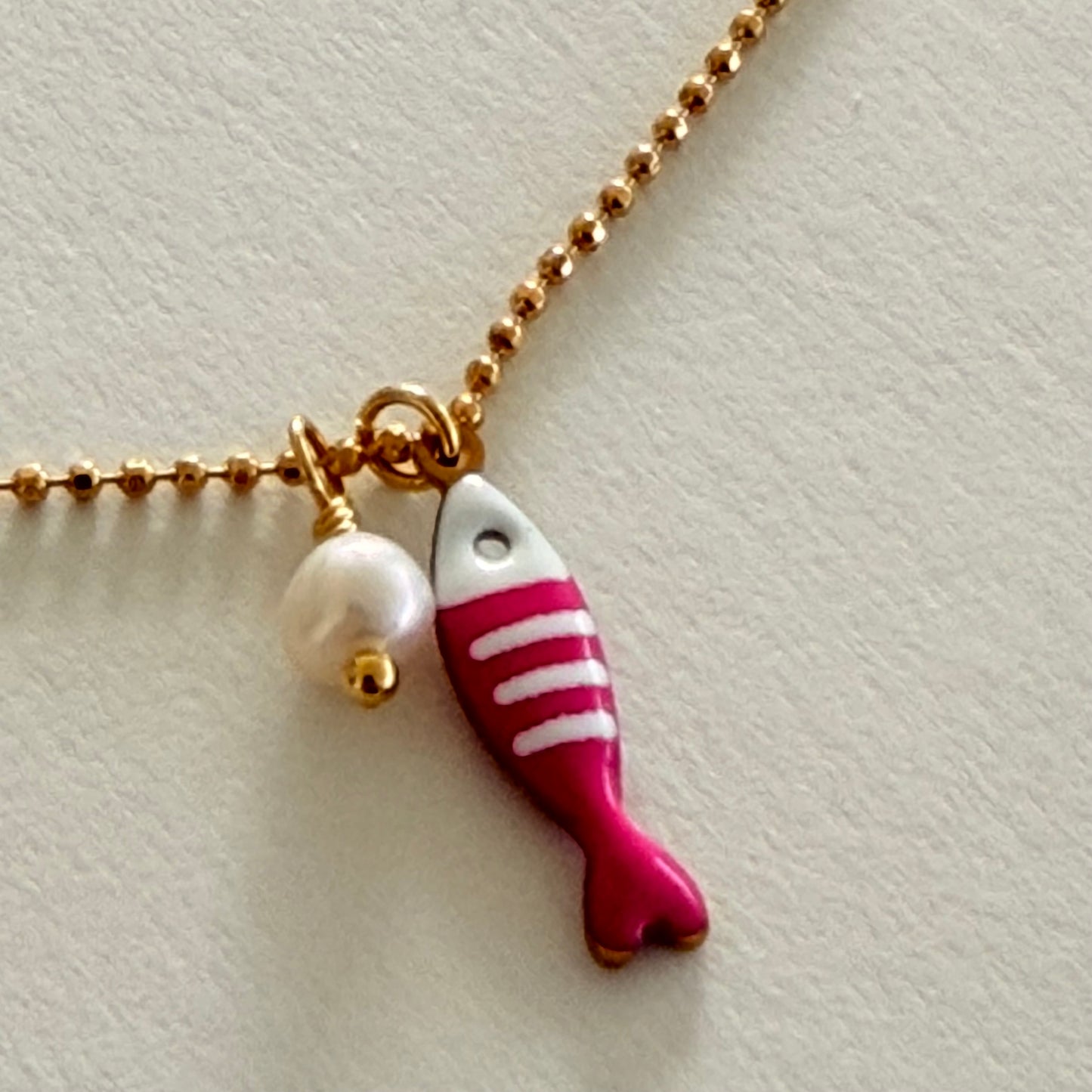 Tiny Pink Fish & Pearl Necklace