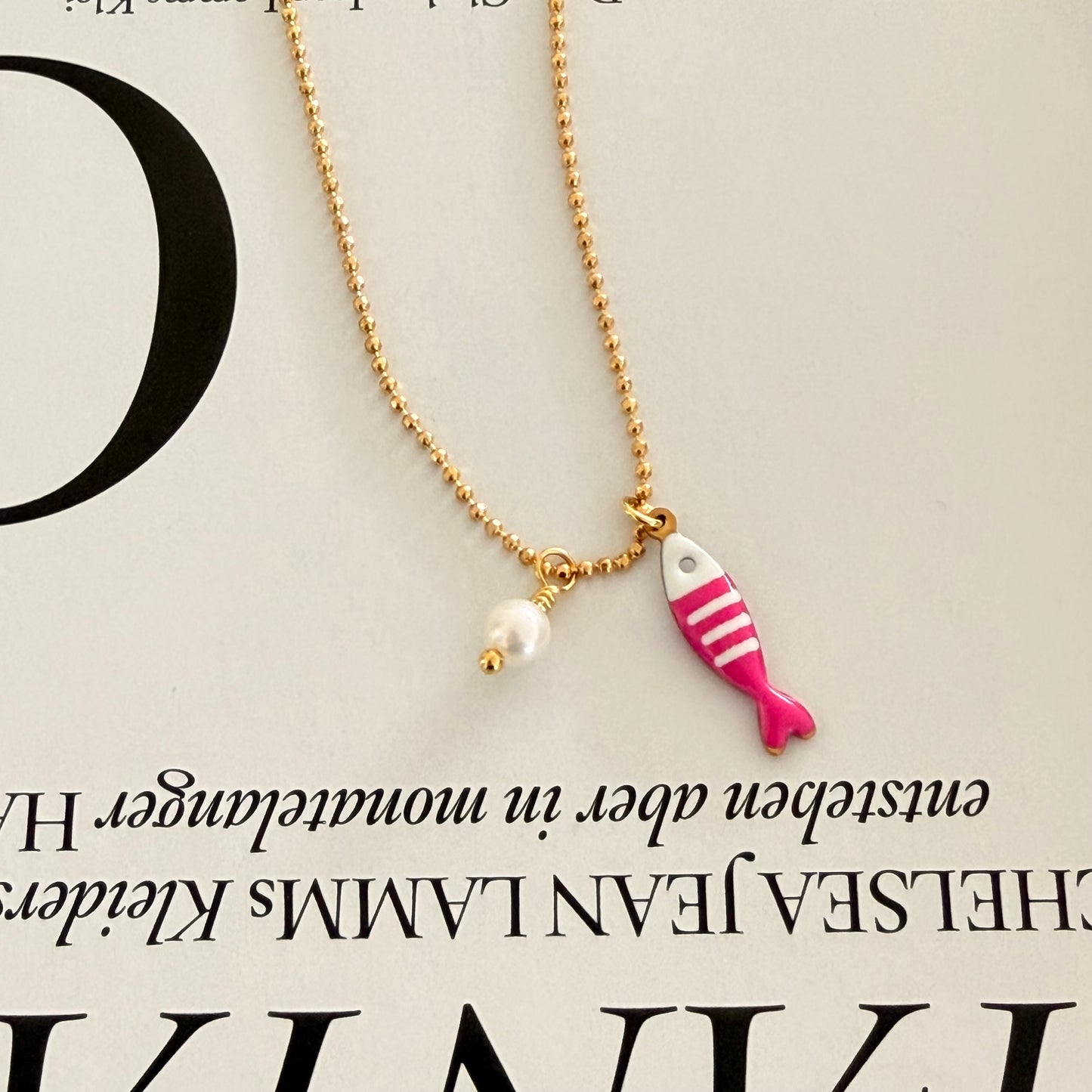 Tiny Pink Fish & Pearl Necklace