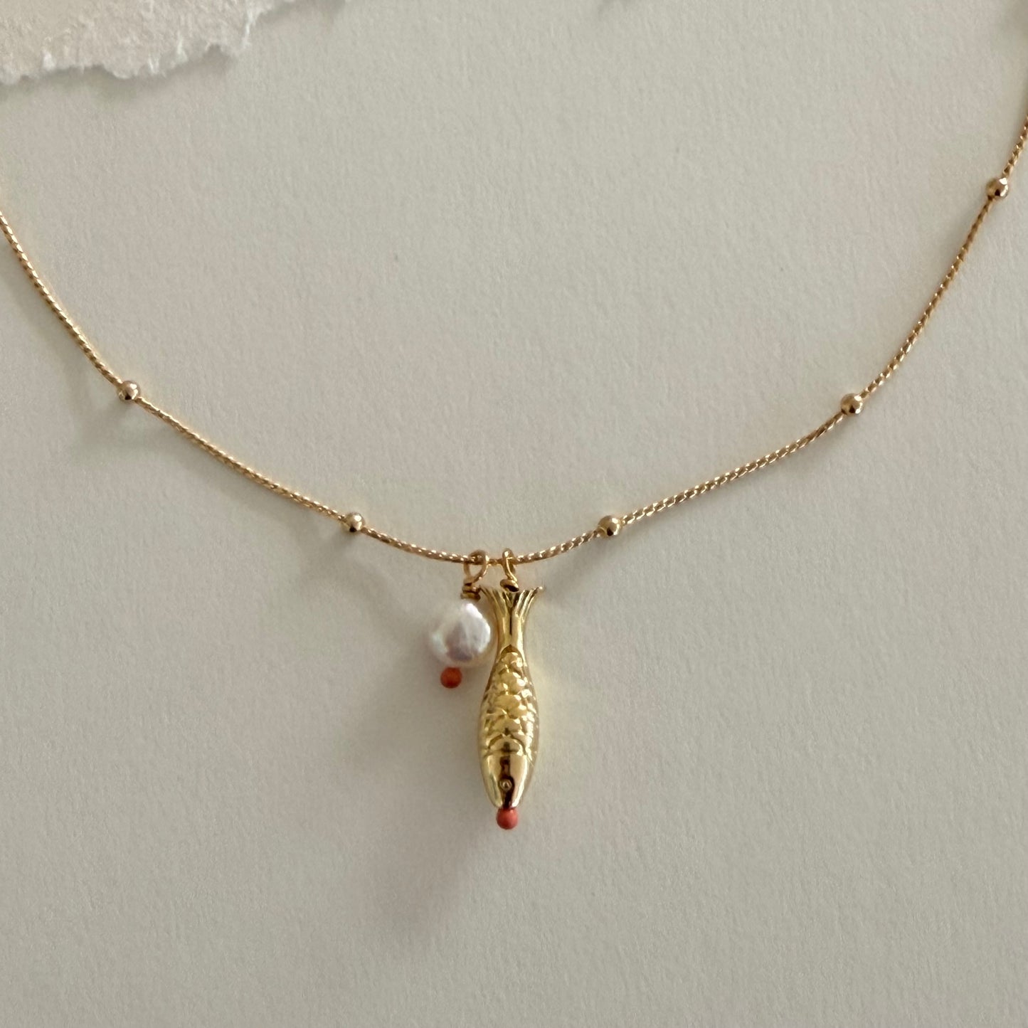Pearl and Orange dot Fish Necklace