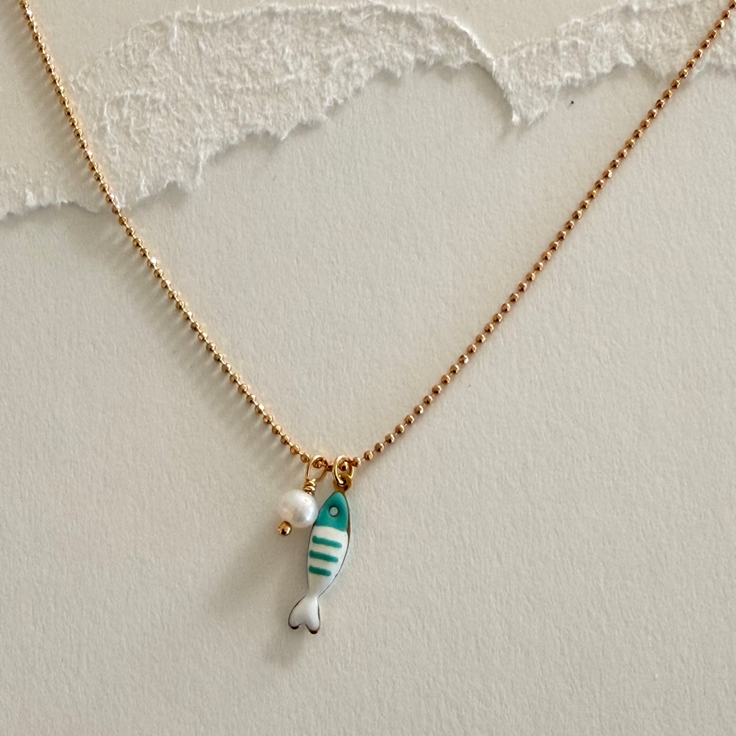 Tiny Aqua Fish & Pearl Necklace