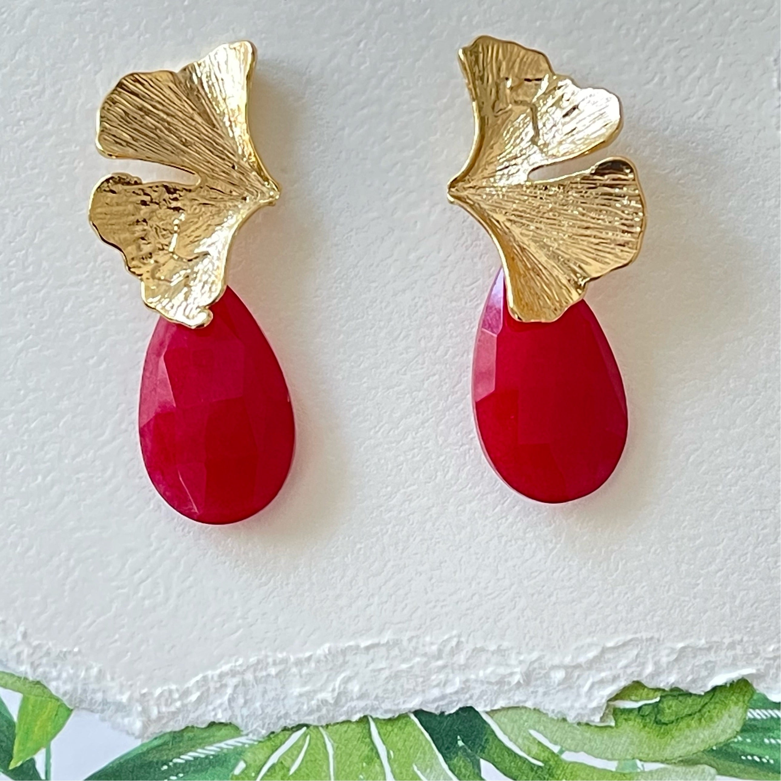 Ginkgo Drop Earrings - Red